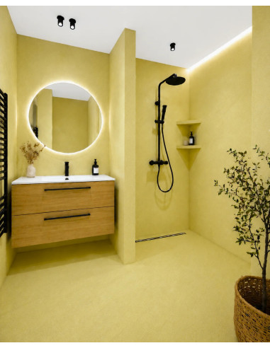 Vizualizace koupelny s mikrocementovou betonovou stěrkou v odstínu Cream Yellow (jemná krémově žlutá)
