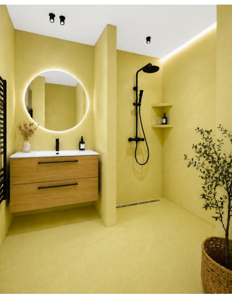 Vizualizace koupelny s mikrocementovou betonovou stěrkou v odstínu Cream Yellow (jemná krémově žlutá)