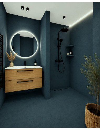 Vizualizace koupelny s mikrocementovou betonovou stěrkou v odstínu Deep Fjord (hluboká tmavá modrošedá)