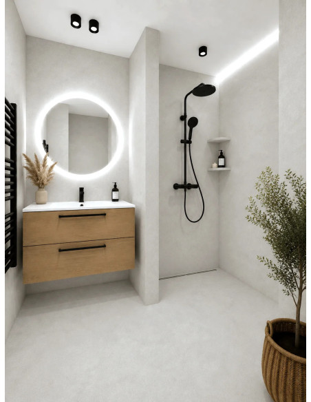 Vizualizace koupelny s mikrocementovou betonovou stěrkou v odstínu Soft Grey (jemná světle šedá)