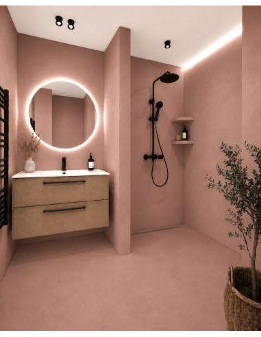 Vizualizace koupelny s mikrocementovou betonovou stěrkou v odstínu Clay Rose (tlumená jílově růžová)