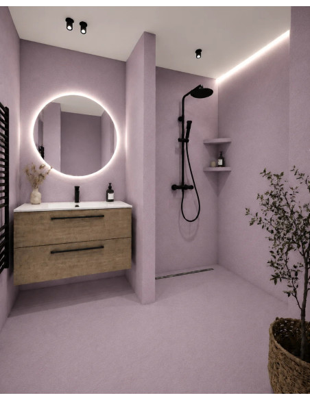 Vizualizace koupelny s mikrocementovou betonovou stěrkou v odstínu Lavender Grey (tlumená levandulově šedá)