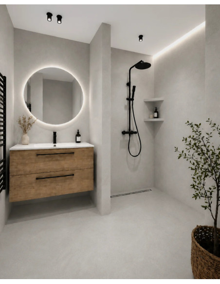 Vizualizace koupelny s mikrocementovou betonovou stěrkou v odstínu Light Concrete (světlá betonově šedá)