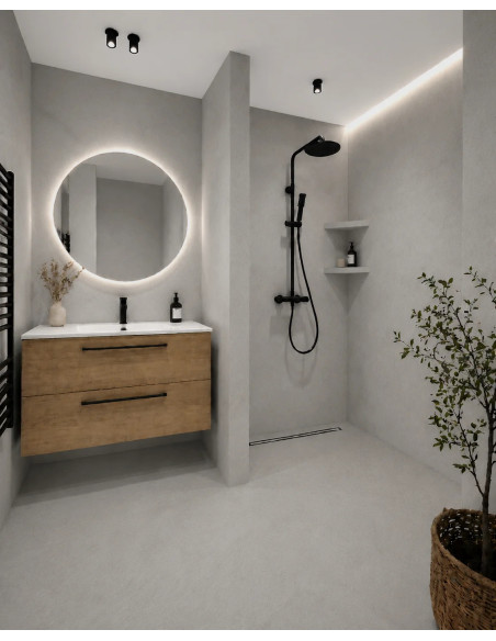 Vizualizace koupelny s mikrocementovou betonovou stěrkou v odstínu Concrete Grey (střední betonově šedá)