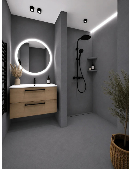 Vizualizace koupelny s mikrocementovou betonovou stěrkou v odstínu Graphite Grey (tmavá grafitově šedá)
