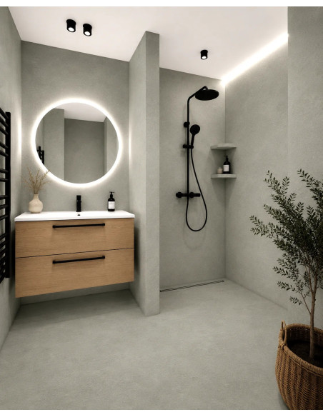 Vizualizace koupelny s mikrocementovou betonovou stěrkou v odstínu Pistachio (světlá pistáciově šedozelená)