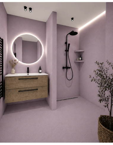 Vizualizace koupelny s mikrocementovou betonovou stěrkou v odstínu Lavender Grey (tlumená levandulově šedá)