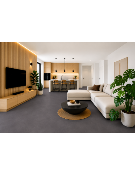 Vizualizace podlahy s mikrocementovou betonovou stěrkou v odstínu Graphite Grey (tmavá grafitově šedá)